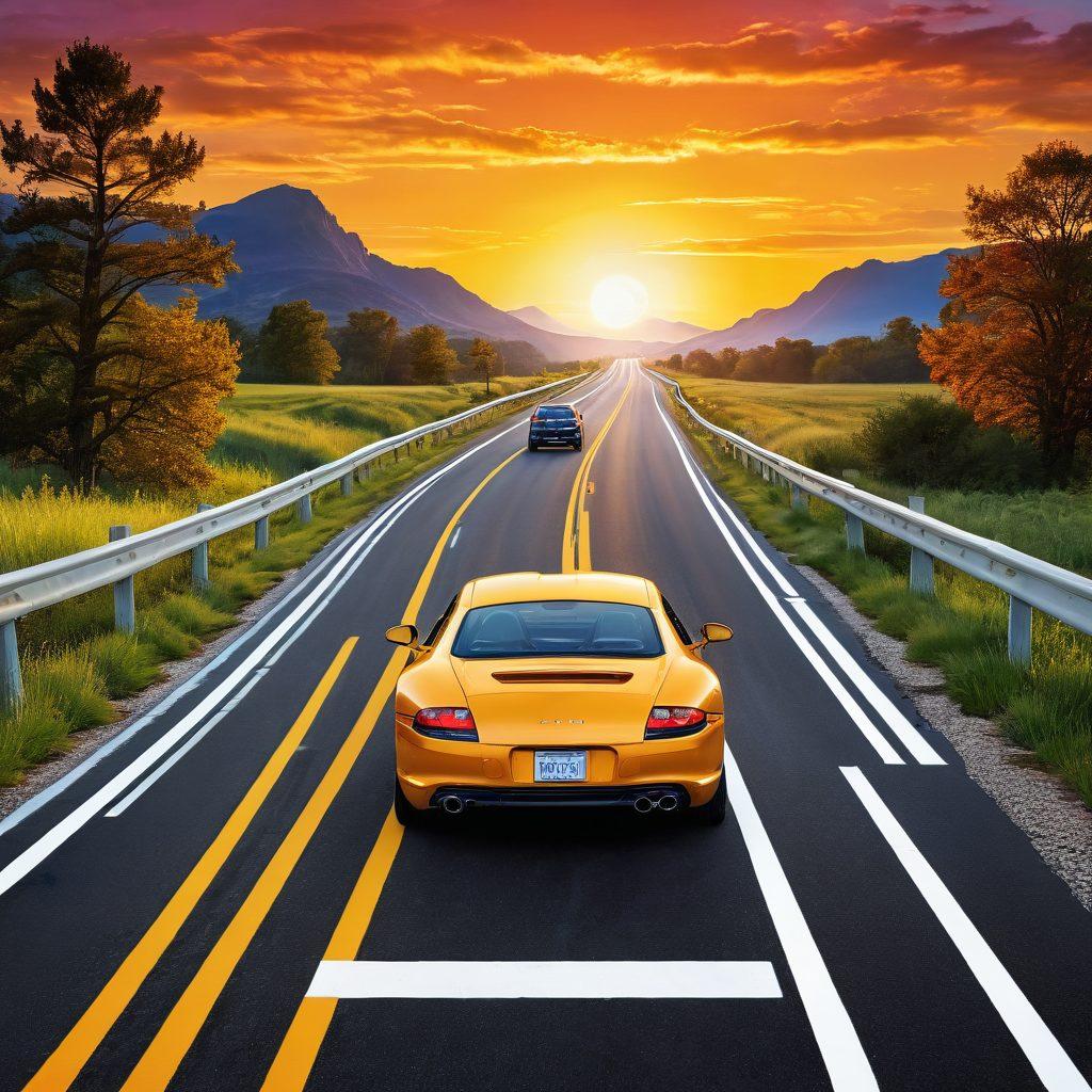 A detailed roadmap featuring scenic routes symbolizing life, health, and auto insurance, intertwined with visual metaphors like a shield, stethoscope, and car. The background has a vibrant sunrise symbolizing new beginnings, with icons of safety and balance along the path. Use a mix of modern and classic styles to evoke a sense of guidance and protection. vibrant colors. vector art. 3D.
