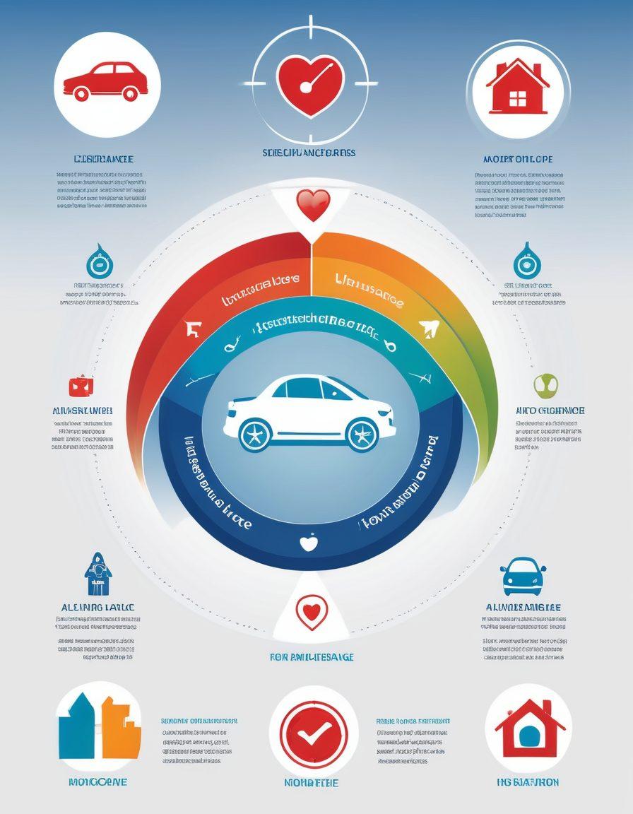 A visually engaging infographic showcasing various types of insurance, including health, auto, home, and life insurance. Include icons representing each insurance type, such as a stethoscope for health and a car for auto. The background should be a subtle gradient, symbolizing stability and protection. Add a compass to symbolize navigation, along with vibrant colors to make it eye-catching. vector art. vibrant colors. white background.