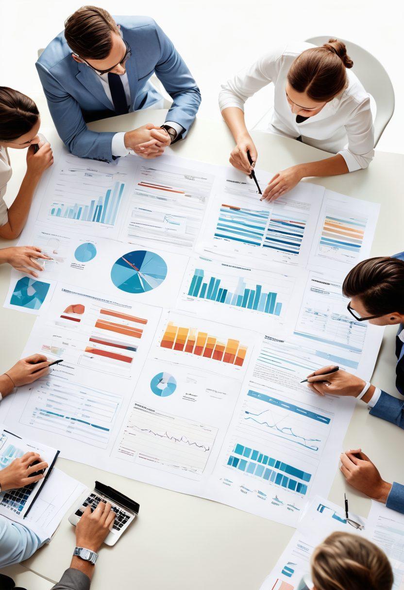 An illustration depicting a diverse group of people seated around a table, analyzing insurance documents and charts, with a flowchart above showing the underwriting and claims process. Include visual elements like magnifying glasses, calculators, and insurance icons to convey focus and analysis. Soft colors to promote calmness and clarity. super-realistic. vibrant colors. white background.